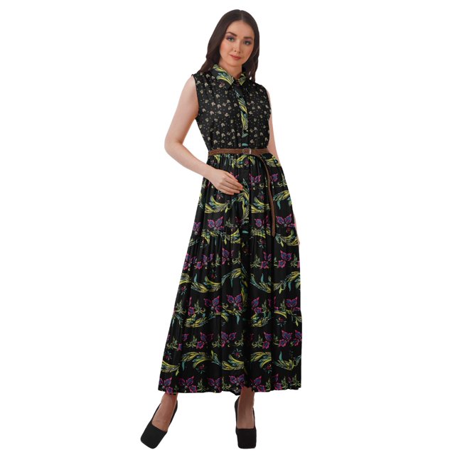 Moomaya Robe Chemise Longue Femmes Imprimée Sans Manches Robe d'Été Chemise à Boutons
