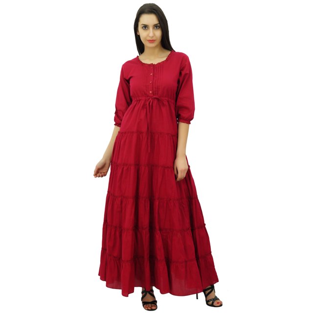 Bimba Robe Maxi d'Été en Coton à Manches 3/4 pour Femme, Taille à Cordon