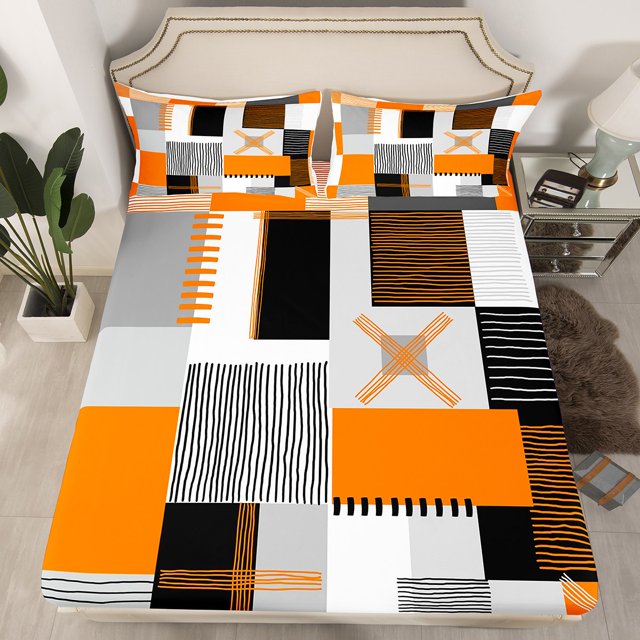 Erosebridal Patchwork Rectangle Fitted Sheet Full,Geometry Stripe Bedding Set Full Size,Abstract Artwork Decor,Lightweight,3-Piece(No Top Sheet)