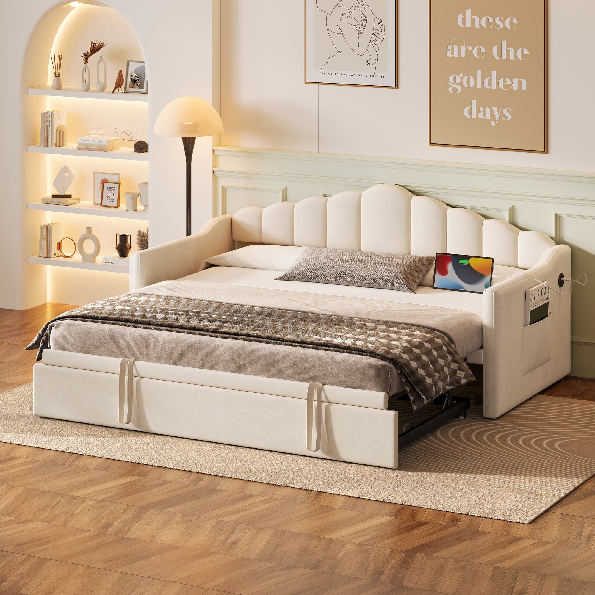 Noble House Lit de Jour Rembourré Simple, Lit Gigogne Ajustable avec Ports USB/Type-C et Poches Latérales,Beige