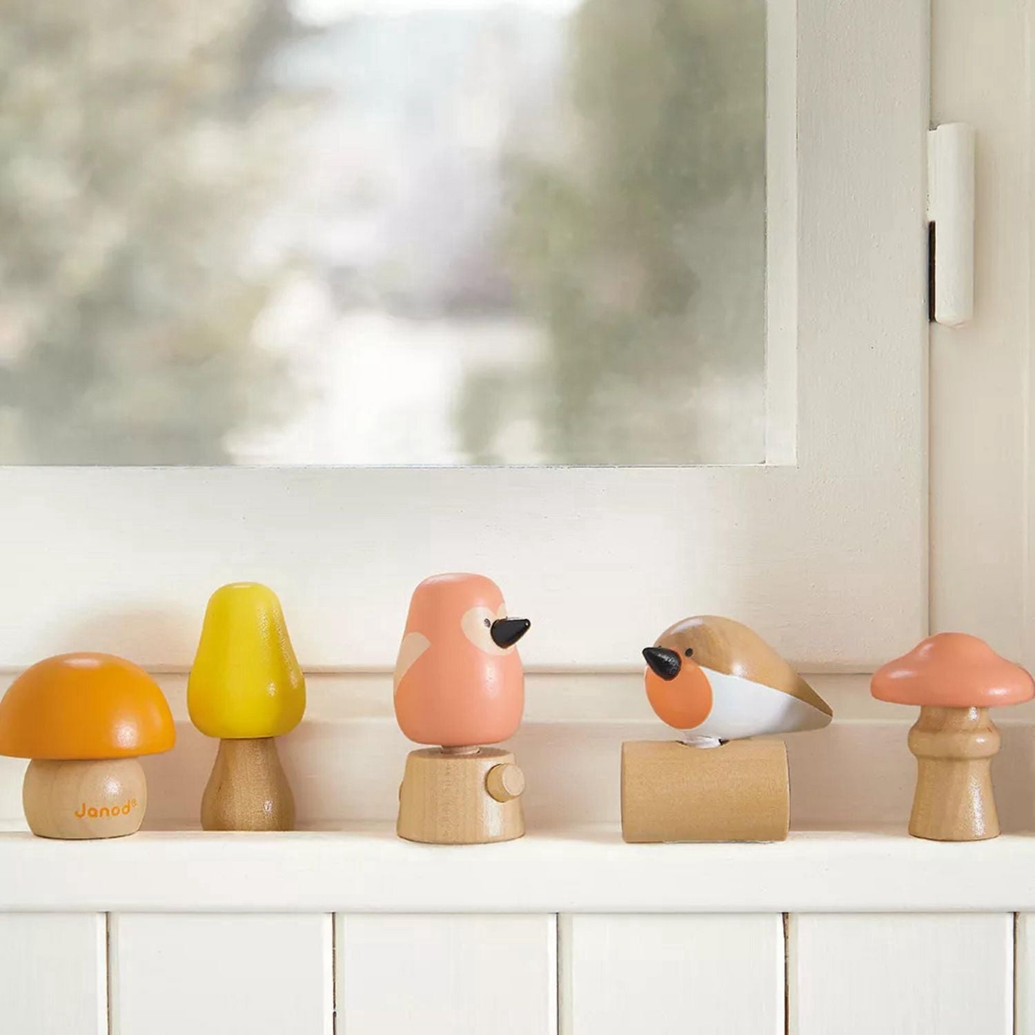 Janod - Oiseaux et Champignons à Visser - Jouet de Construction et d'Empilage - Jeu de Manipulation et de Préhension - Bois - Éveil Précoce - Pour Bébés et Tout-Petits - Dès 18 Mois - J08643