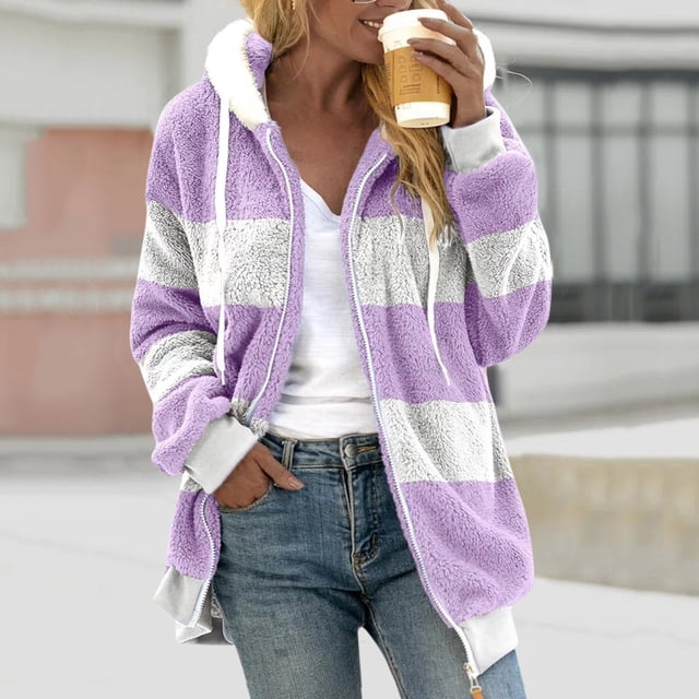 TIMIFIS Womens Winter Fuzzy Fleece Jacket Hooded Color Block Patchwork Cardigan Coats Outerwear Fashion-PurpleFall/Winter