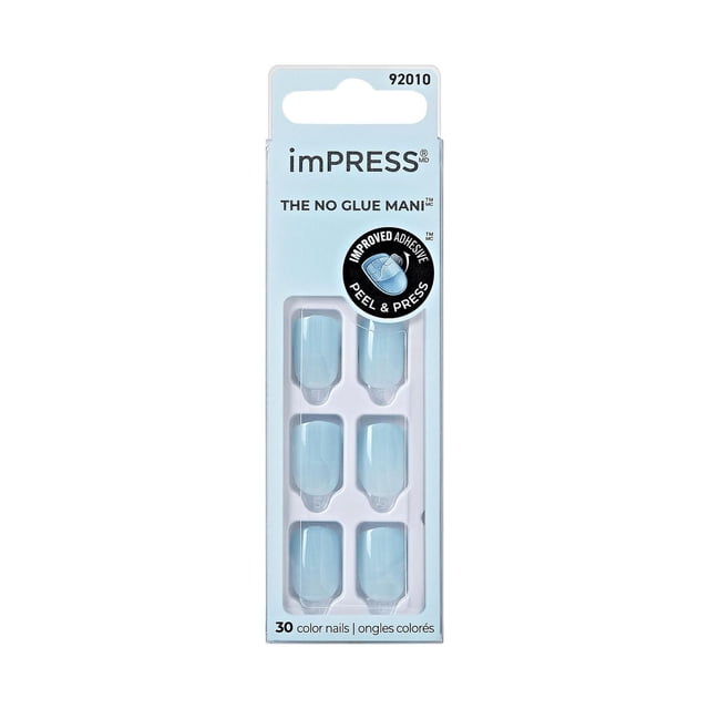 KISS ImPRESS Couleur - Faux Ongles, 30 Unités, Courts, Bleu Pâle Couleur Unie Ongles à Presser en Paquet vertical Mince avec Technologie Améliorée de Pelage et de Pressage Adhésif pour une Manucure Sans Colle, six Ongles Visibles à Travers une Fenêtre en Plastique Transparent.