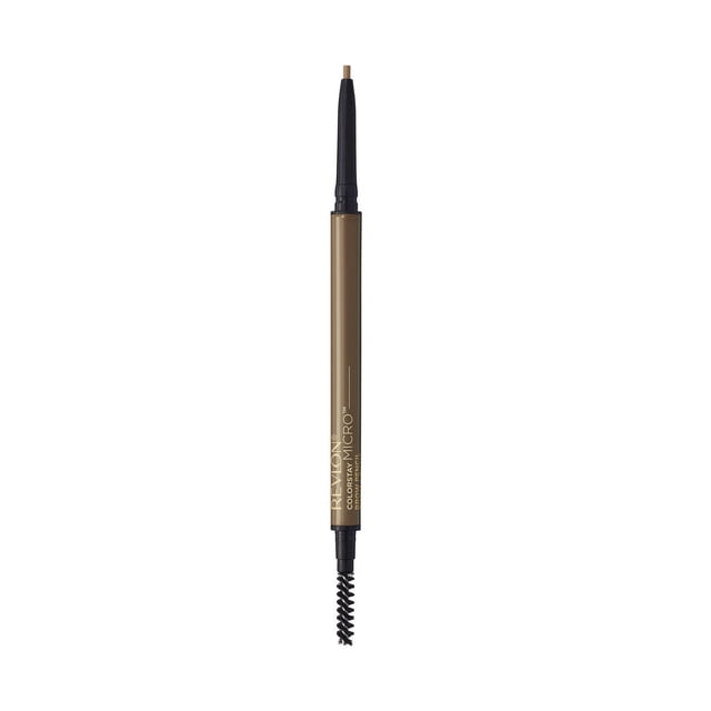 ColorStay Micro™ Brow Pencil by Revlon shown vertically with the angled tip extended and a spoolie brush on the opposite end, featuring a slim metallic brown barrel with gold lettering, designed for precise, waterproof eyebrow filling and blending.