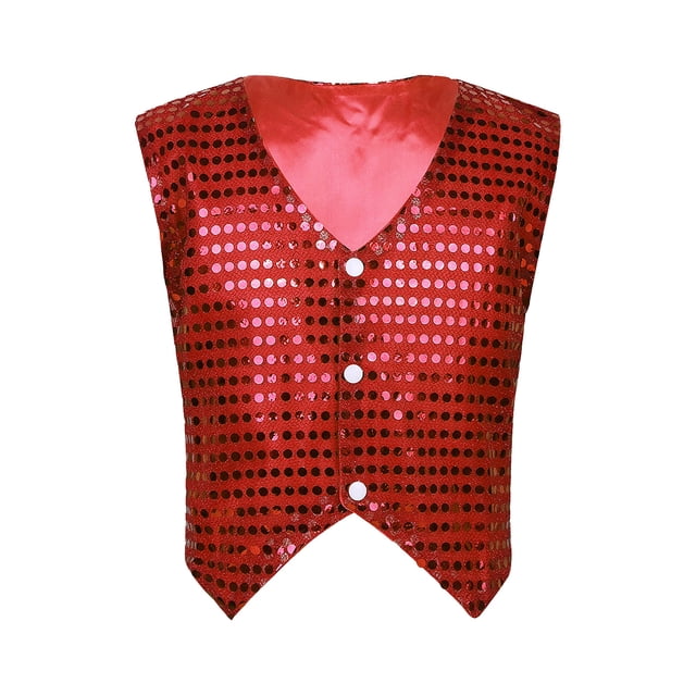 TTAO Enfants Paillettes Hip-Hop Jazz Danse de Rue Costume de Performance Garçons Filles Gilet à Boutons Veste Haut Rouge 130