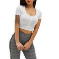 thumbnail image 2 of FOCUSNORM Women Short Sleeve Knit Blouse Solid Color V-neck Slim Short Top, 2 of 8