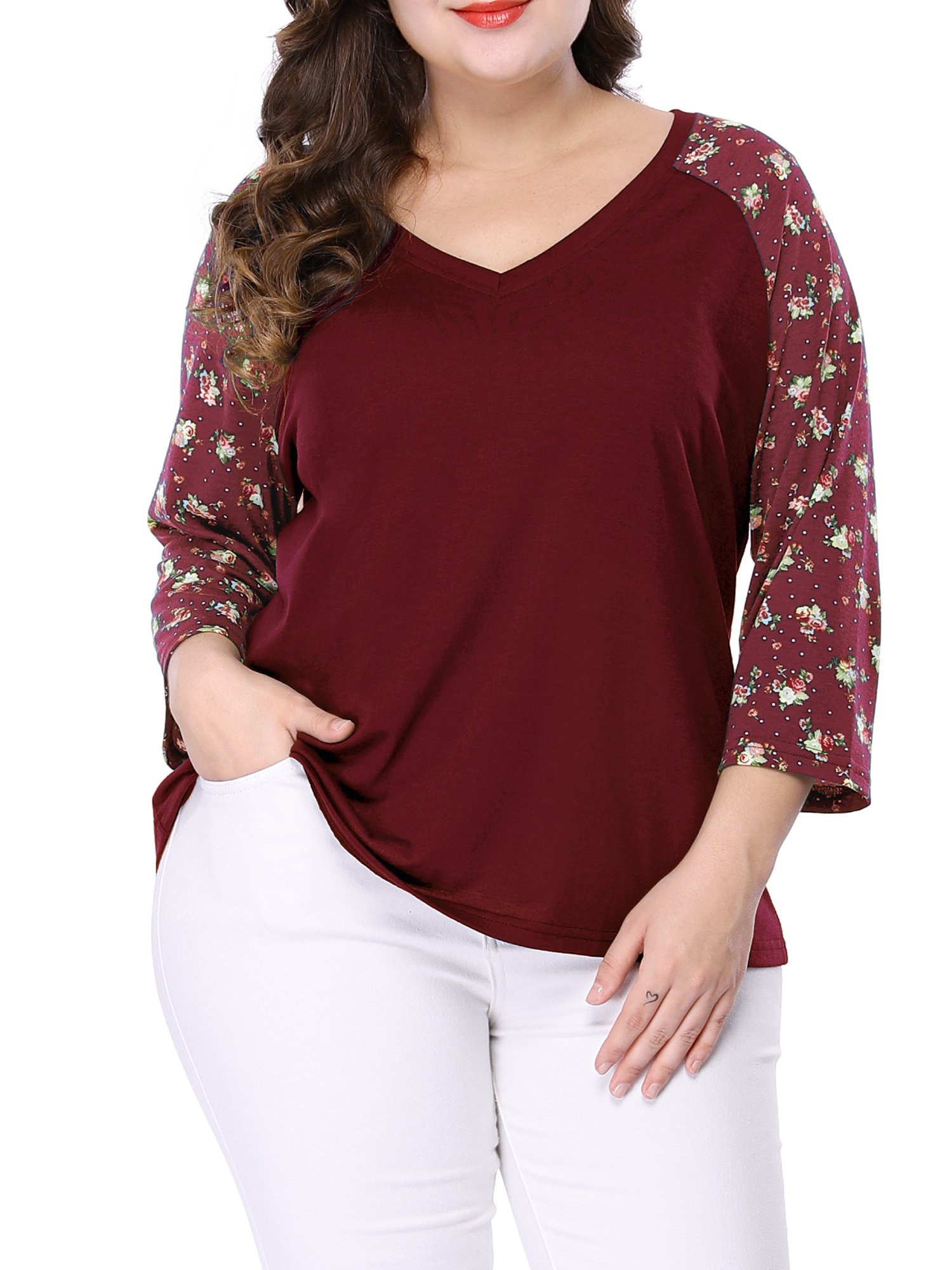 GRACE & GRANDEUR Women's Plus Size Shirts Blouse V Neck 3/4 Sleeve Floral Raglan Casual Spring Fall Tops 4X Red