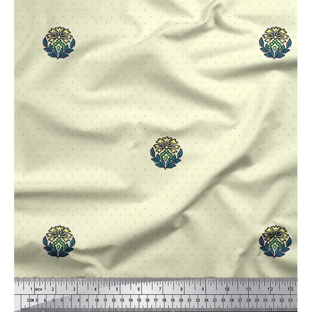 Soimoi Rayon Fabric Dot,Leaves & Floral Block Decor Fabric Printed Yard 56 Inch Wide