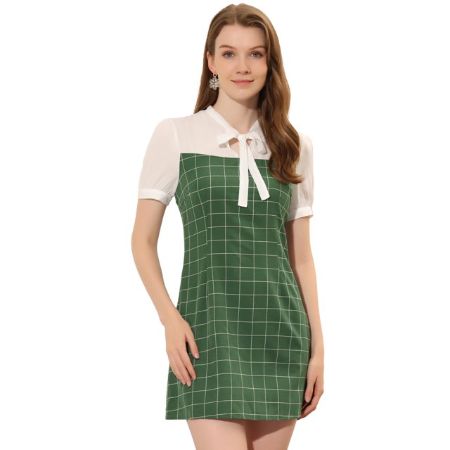 INSPIRE CHIC Robe à Carreaux pour Femmes Col Noué Contraste Panneau Manches Courtes Bouffantes Vert P