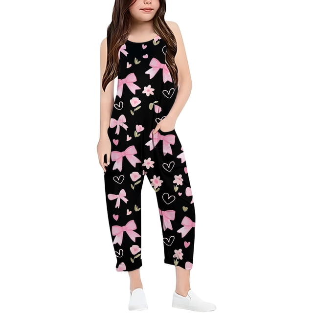 Girls Overall Bow Print Summer Rompers for Girls Loose Casual Rompers with Pockets Cute Summer Clothes 13-14 Y
