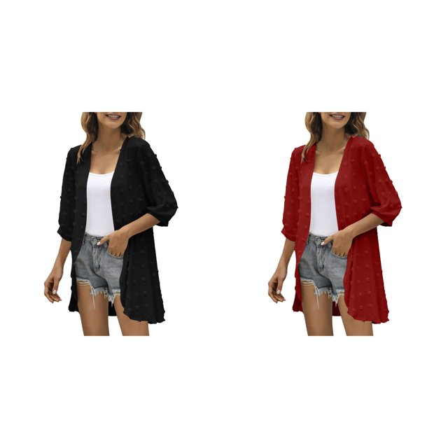 2 Pack(Black 1PCS & Red 1PCS) Multipack Chiffon Cardigan Women Casual Cardigan Three Quarter Sleeve Open Front Lightweight Dots Cardigan Draped Ruffles Cardigan