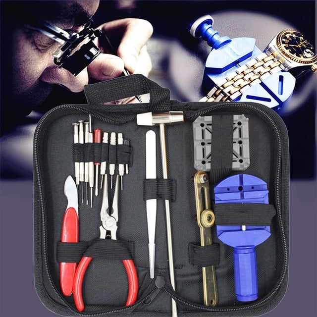 RKSTN 16pcs Watch Repair Tool Kit featuring a variety of tools including spring bar removers, case openers, and precision pliers, all organized in a compact black storage case. The tools are crafted from hardened stainless steel with ergonomic rubberized grips for delicate watch maintenance. The kit is displayed open, showcasing its contents, with a background image of a watch being repaired.