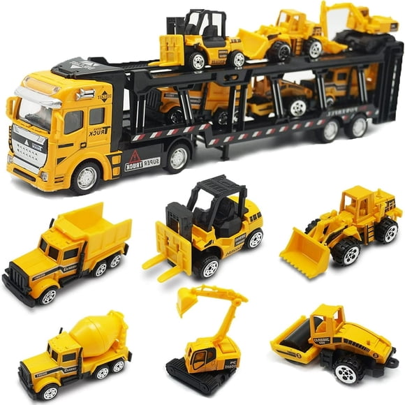 QUTETN Construction Truck Toy Die-cast Play Vehicle Set with 6Pcs Mini Crane Mixer Dump Excavator Car