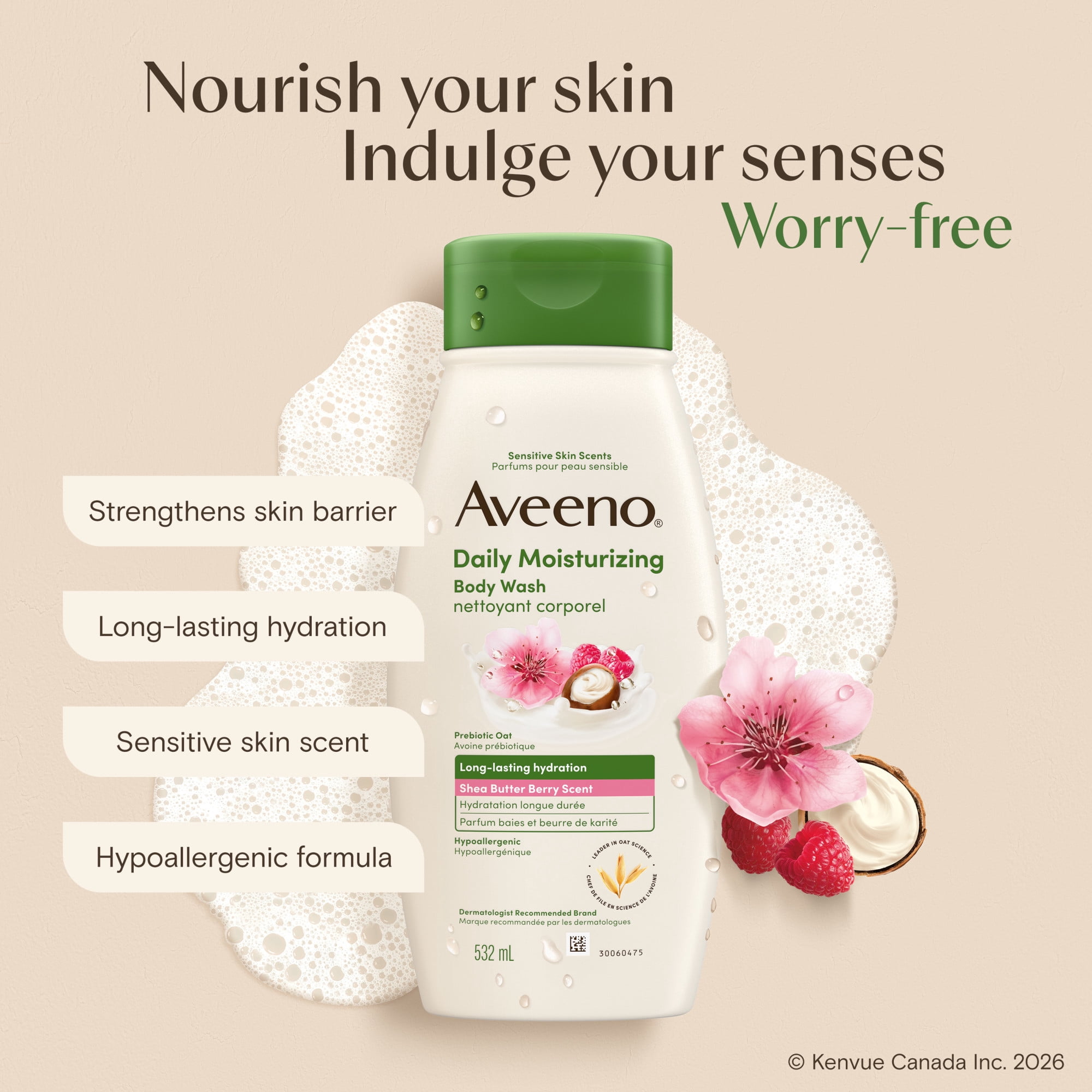 Aveeno Daily Moisturizing Body Wash Shea Butter Berry Scent & Soothing Prebiotic Oat, Provides Long-Lasting Hydration for Sensitive Skin, Hypoallergenic, Paraben-Free, 532 mL