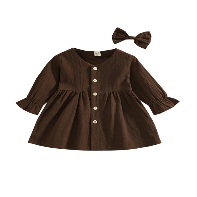 Tenues d'Automne 2 Pcs pour Filles Tout-Petits Robe Mignonne à Manches Longues Col en V avec Nœud pour Cheveux