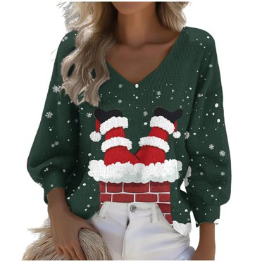 Lcziwo Blouses de Noël pour Femmes Décontractées à Manches Longues Lanterne Hauts Surdimensionnés à Col en V Chemises Gaufrées Amples T-Shirts d'Automne à Imprimé Graphique Amusant 2025 Multicolore, TG