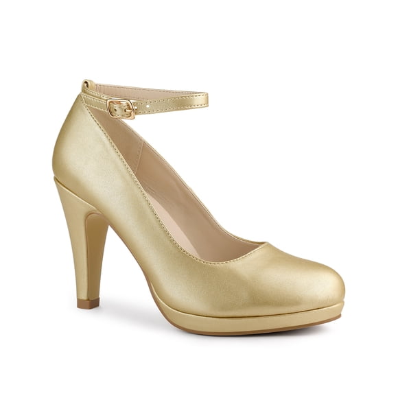 BLISSFUL STEP Chaussures pour Femmes Bout Rond Talon Aiguille Bride à la Cheville Escarpins Or 6