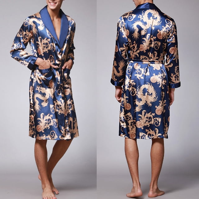 Gift TIMIFIS Men's Satin Robe Silk Robe Classic Long Bathrobe with a dragon pattern in gold on navy blue satin fabric. This lightweight men's sleepwear features a V-neck design, long sleeves, and a tie belt, ideal for lounging, home, bath, or party occasions during spring and summer.