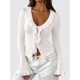 thumbnail image 4 of Women Ruffle Tie Front Cardigan Sweater Long Bell Sleeve Cropped Knit Sweater Top White S, 4 of 7