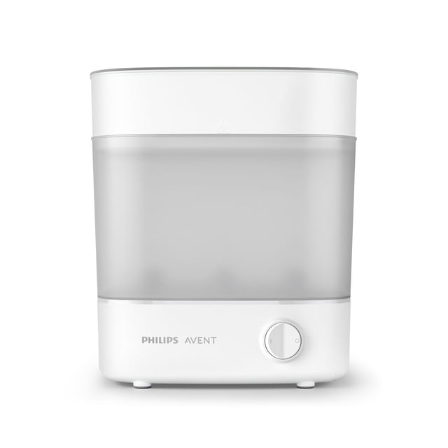 Philips Avent Stérilisateur à Vapeur Électrique Avancé SCF291/00 Vue de devant Montrant un Stérilisateur à Vapeur compact Blanc et Translucide avec un Cadran d'Alimentation Rond et un logo, Conçu pour Stériliser jusqu'à six Biberons et Accessoires en 10 minutes, Tuant 99,9 % des Germes pour une Alimentation Sécuritaire des Biberons.