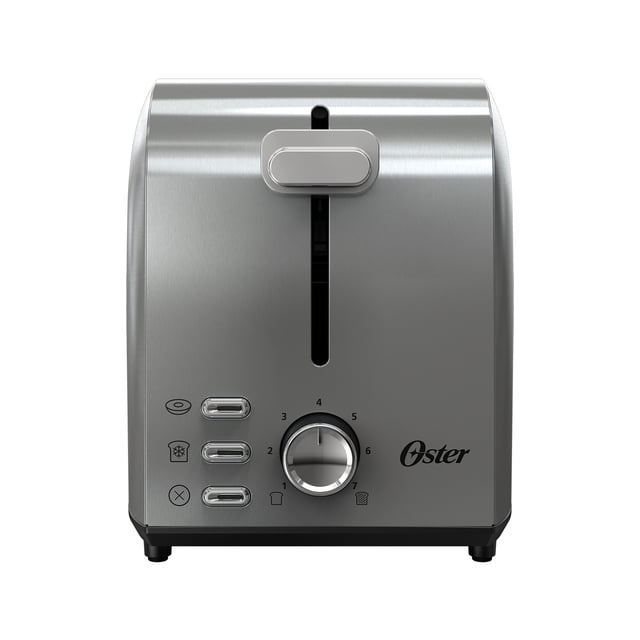Oster 2-Slice Toaster with Extra Wide Slots in stainless steel, front-facing view showing one wide slot with a high-lift lever, three function buttons for bagel, defrost, and cancel, a seven-setting toasting shade dial, and the Oster logo on the lower right.