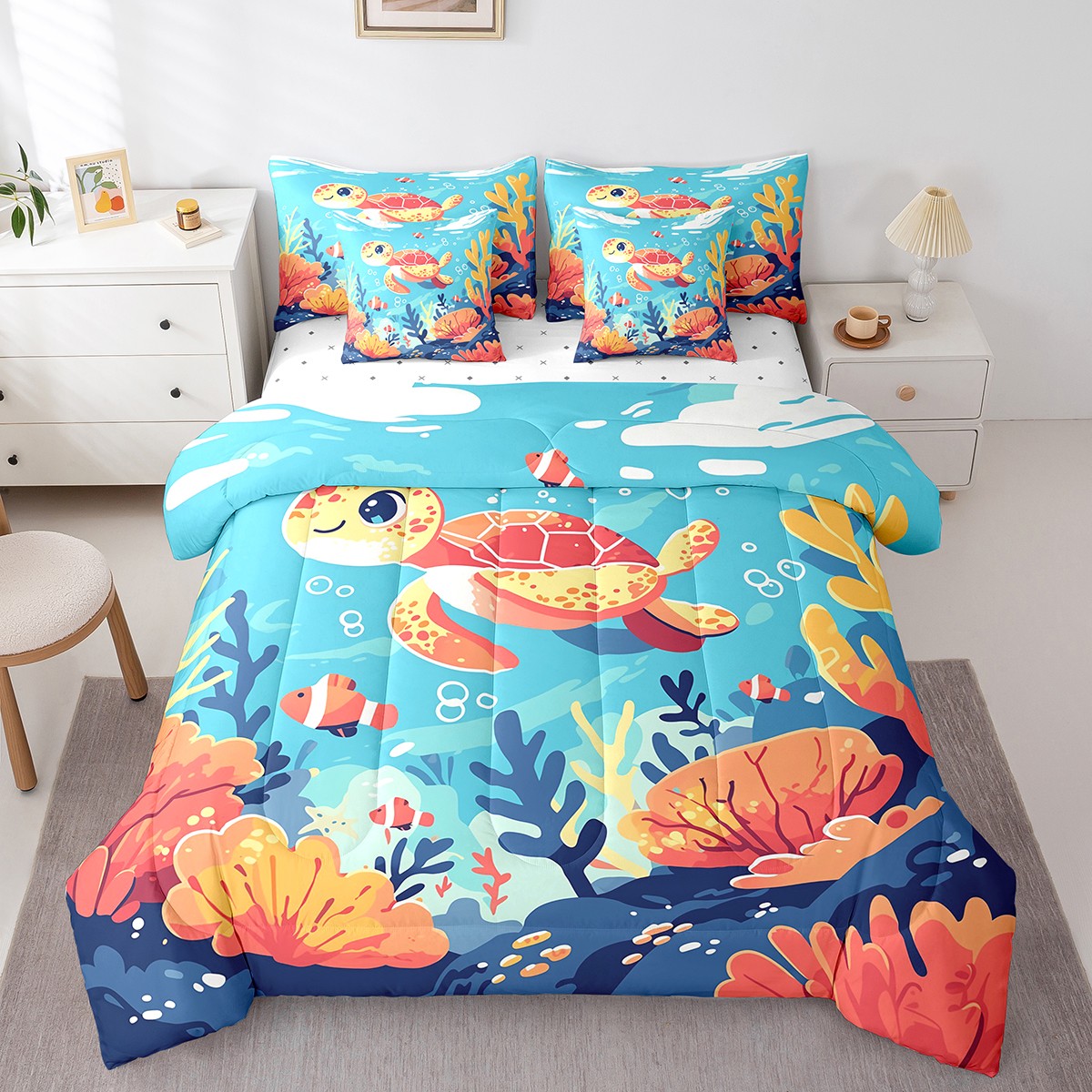 YST Kids Sea Turtle Bedding Ocean Sea Fish Comforter Set, Twin Size (7 Count)