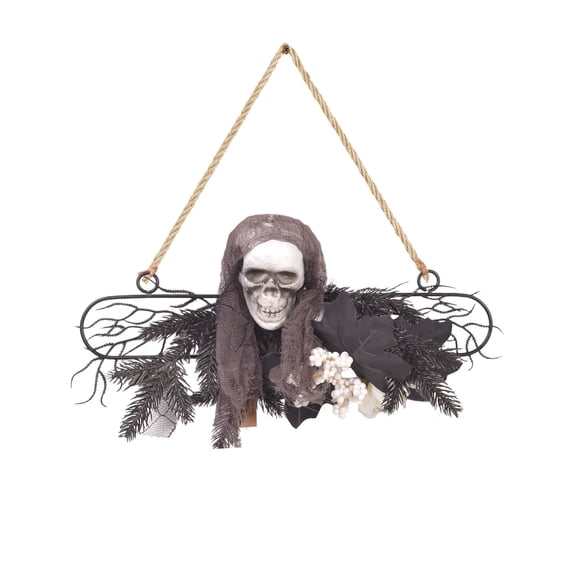 Jotiva Halloween Gothic Hanging Wreath with Skull Pumpkin Artificial Floral Black Metal Frame Front Door Wall Decor for Indoor Outdoor 4 Styles