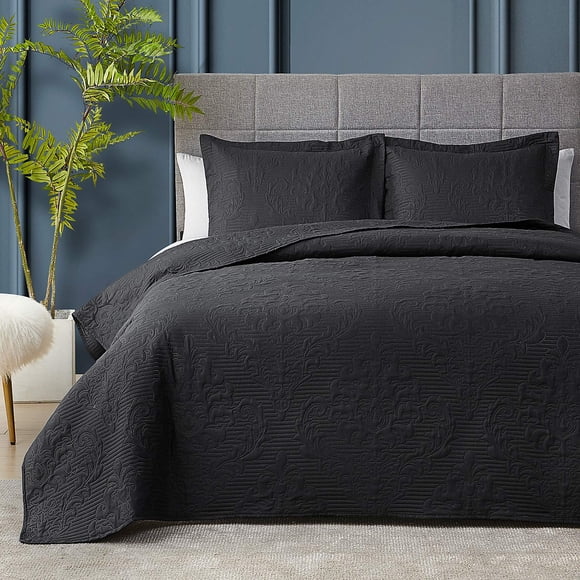 Hansleep Black Quilt Queen Size - Damask Ultrasonic All Season Bedspread Queen Soft Lightweight Coverlet Bedding Set 3 Pieces (1 Quilt 2 Pillow Shams)