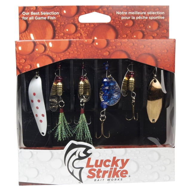 Lucky Strike Baitworks Bass & Walleye Kit Lot de 6 avec six Cuillères de Pêche Assorties et des Toupies Pondérées en Finitions Métalliques Incluant Blanc avec Pois Rouges, Or avec Pompons Verts, Perles Facettées Bleues et Or Uni, Présentées dans un Emballage de Marque orange et Blanc avec Motif Goutte d'Eau, Convenant à la Pêche à l'Achigan et au Doré.