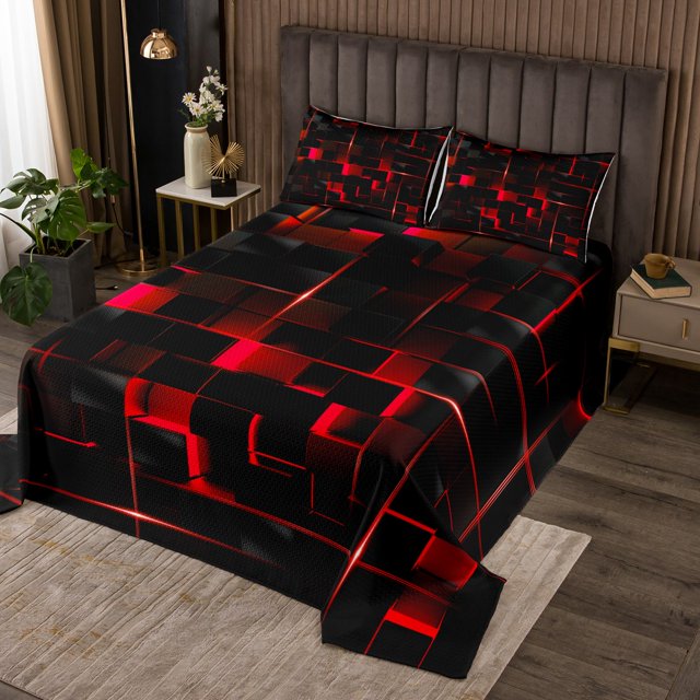 YST Geometric Neon Square Quilt Set, Stereoscopic Geometry Bedspread Set King Size Red Black Neon Lights Coverlet Set Modern Abstract Grid Bedding Set For Kids Teens Adult Women Bedroom