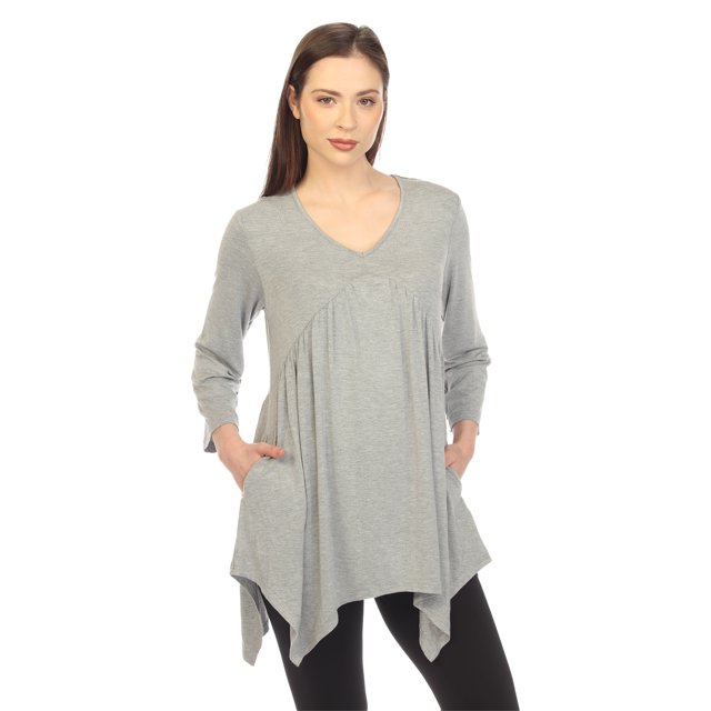 White Mark Tunique à Manches 3/4 pour Femmes, Taille Empire, Col en V