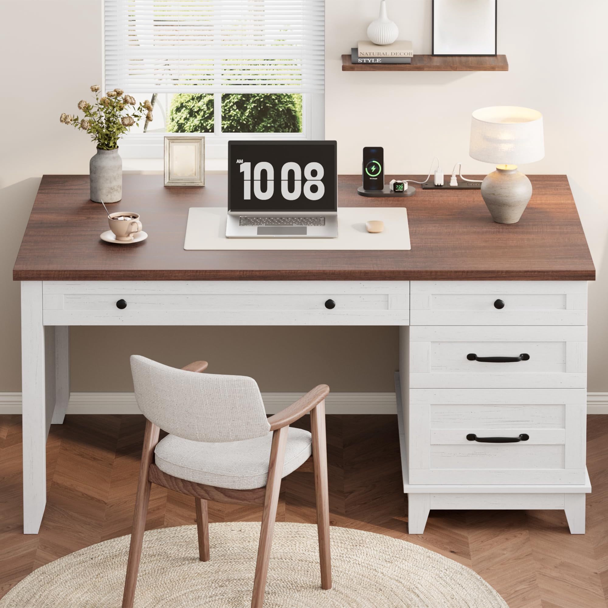Farmhouse Office Desk with File Drawer, 53.5" Wooden Computer Desk, Executive Computer Desk Workspace for Home