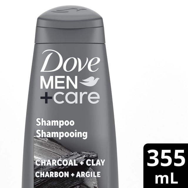 Dove Men Care Charcoal + Clay Shampoo in a matte gray 355 mL bottle with white and black text, formulated with purifying charcoal and clay for men's hair cleansing and strengthening, in recyclable packaging.
