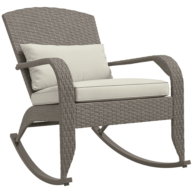 Outsunny Outdoor Wicker Adirondack Rocking Chair with Seat Cushion Pillow. This chair features a handwoven PE rattan design in grey, a tall back, wide seat, and supportive armrests. Includes a cream white seat cushion and pillow with removable covers for easy cleaning. Built with a powder-coated metal frame for durability and a smooth rocking base. Suitable for indoor and outdoor use, such as porches, balconies, or gardens. Dimensions: 26 inches wide, 35 inches deep, and 38.6 inches high.