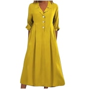 Pisexur Womens Fall Dresses 2024 Turndown Collar 1/2 Sleeve Maxi Dress Fashion Elegant Solid Color Homecoming Dresses Casual Flowy V Neck Button Up Cocktail Dress