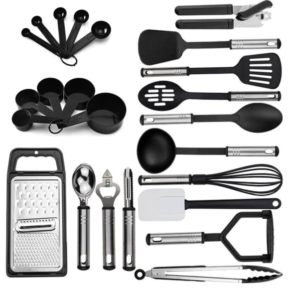 Amdohai Stainless Steel Kitchen Utensil Set 24 Pcs Non-Stick and Heat Resistant Cooking Utensils Set Kitchen Tools Useful Pots and Pans Accessories and Kitchen Gadgets (Black)
