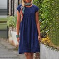 thumbnail image 1 of Choix Populaires, Robe Ample en Lin Plissé à Manches Courtes et Col Rond pour Femmes, Robe en Lin Plissée avec Col Rond et Manches Courtes Look Décontracté Intelligent60 % Coton, 40 % Lin, Bleu Foncé, 1 of 9