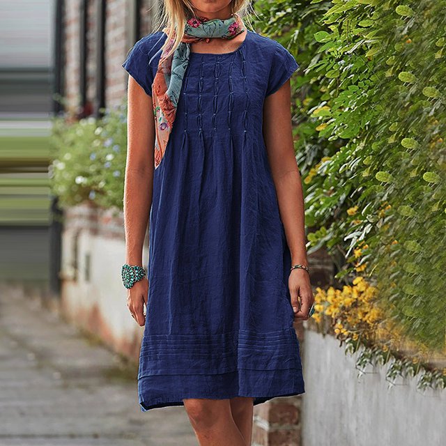 Choix Populaires, Robe Ample en Lin Plissé à Manches Courtes et Col Rond pour Femmes, Robe en Lin Plissée avec Col Rond et Manches Courtes Look Décontracté Intelligent60 % Coton, 40 % Lin, Bleu Foncé