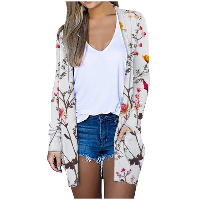 Pisexur Womens Open Front Cardigans Sweaters Lightweight Floral Long Sleeve Loose Outerwear Soft Knit Sweaters Coat with Pockets