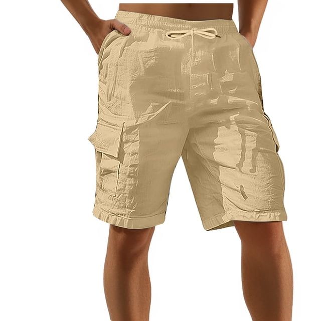 asjyhkr Mens Cargo Shorts Lightweight Breathable Linen Shorts with Multi Pockets Drawstring Elastic Summer Beach Shorts