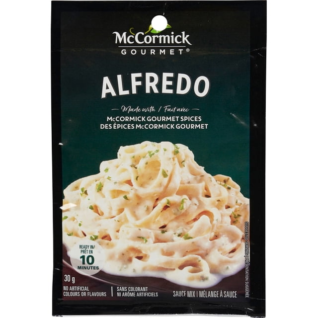McCormick Gourmet Alfredo Sauce Mix 30g dry sauce mix packet featuring creamy fettuccine Alfredo with herbs, ready in 10 minutes, no artificial colours or flavours, ideal for pantry cooking sauces with authentic McCormick Gourmet spices.