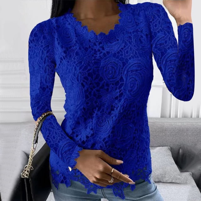 Jsaierl 2024 Automne Chemises en Dentelle pour Femmes Manches Longues Blouses Unies Confortables Col Rond Chandail Décontracté Mode Hauts pour Dames