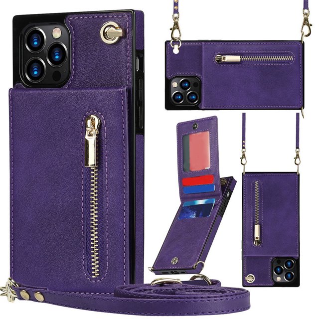 Wallet Case for iphone PU Zipper Wallet Smartphone Case with Card Holder & Shoulder Strap