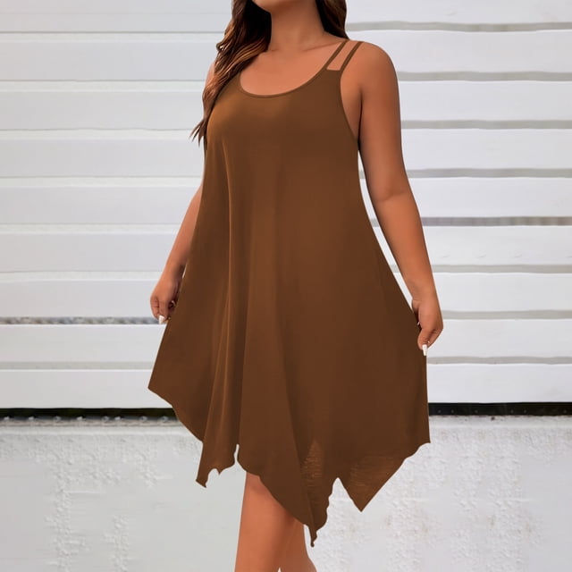 Ounisa Robe Camisole Midi Fluide Sans Manches à Encolure Dégagée et Ourlet Asymétrique pour Femme Grande Taille