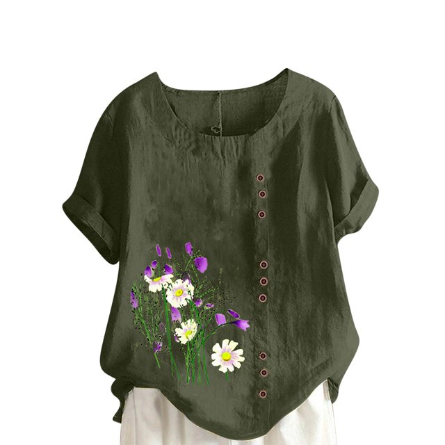 Cameland Hauts pour Femmes Col Rond Manches Courtes Imprimé Floral Chemise Ample