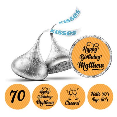 Darling Souvenir Cheers 70th Birthday Custom Name Stickers 190 Pcs Candy Labels Party Favor-Orange