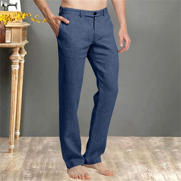 Mceream Suit Pants for Men Relaxed Fit Expandable Waist Straight Leg Cotton Linen Trousers Summer Casual Business Dress Pant Pantalones De Hombre De Trabajo Navy L