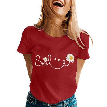 JIRNDf T-Shirts pour Femmes Hauts d'Été Tendance Manches Courtes Col Rond Doux Mignons T-Shirts Graphiques pour Femmes Chemises Rouge G