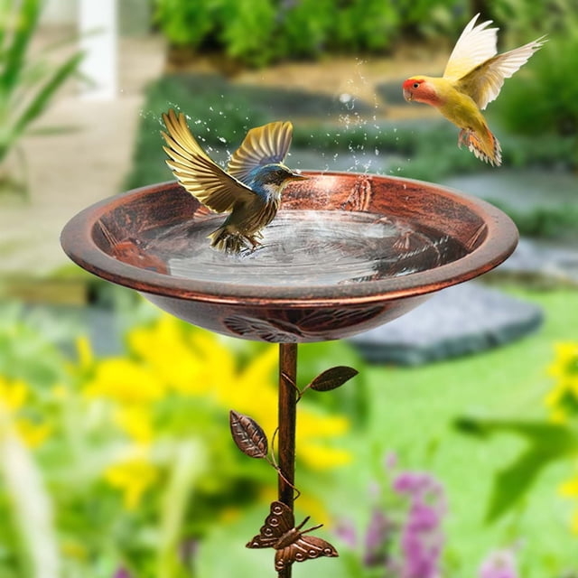 Bird Bath Standing Iron Rustproof Outdoor Birdbath with a 30 cm diameter basin and adjustable height up to 80 cm. Features a decorative design with bird and leaf accents on the stand, adding charm to garden spaces. Made of durable iron, it withstands all weather conditions and is easy to clean. Suitable for use as a bird bath or feeding station.