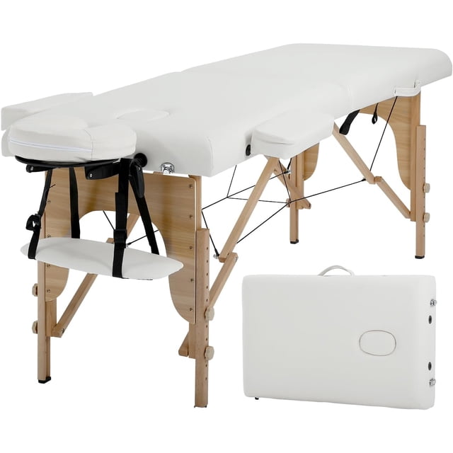 BestMassage Massage Table Massage Bed 73” Long 2 Folding Portable WCarry Case Height Adjustable Face, Cream. A cream-colored massage table with a durable hardwood frame, featuring a height-adjustable design, two folding sections, and a spacious 24-inch wide surface. Includes a padded face cradle, armrests, and integrated storage. Lightweight and portable with a carry case for convenient transport, ideal for professional or home use.